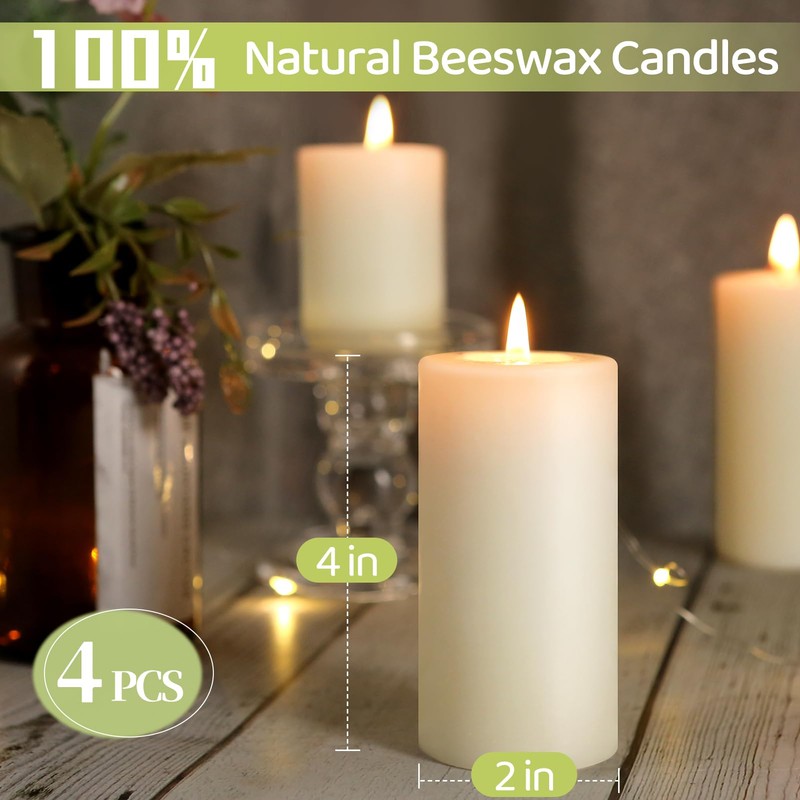 4 Pack Beeswax Pillar Candles,172 Hours Long Burning Pure Off-White