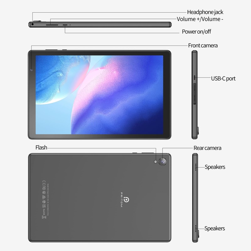 PRITOM Tablets 10 inch, TAB10 Android 14 Tablet, Quad-Core, WiFi,