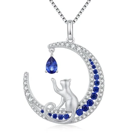 Sapphire Cat Necklace for Women Cat Moon Necklace Sterling Silver Diamond Cat Necklace Cubic Zirconia Cat Choker Necklace Silver Necklaces for Women 18K White Gold Cat Necklace Women, adult