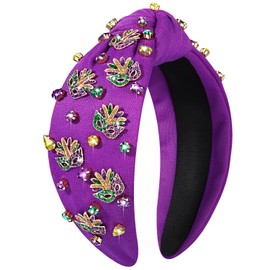 NVENF Mardi Gras Headbands for Women Mask Fleur De Lis Headbands Jeweled Purple Knotted Headband Mardi Gras Accessories Outfits, Purple White, 1 Count (Pack of 1)