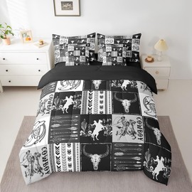 Western Cowboy Comforter Set 7 Pieces, Bull Skull Horse Arrow Print Bedding Twin, Black Grey Lattice Patchwork Bed Set with 1 Comforter,1 Fitted Sheet,1 Flat Sheet,2 Pillowcases,2 Throw Pillow Cover