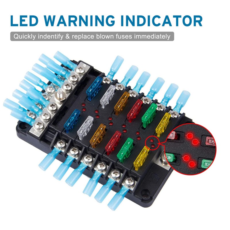 DOCAS 12 Way Fuse Holder with LED Indicator Negative Bus