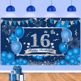Blue Silver Happy 16th Birthday Decorations For Boys Girls Blue Silver Happy 16th Birthday Banner Blue Silver 16th Birthday Party Supplies For Ourdoor Indoor 72.8 X 43.3 inch