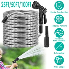 iMounTEK 25FT Garden Hose Heavy Duty Stainless Steel Garden Hose Garden Watering Kit Metal Water Hose w/ 2 Nozzles 12 Patterns Flexible Extendable Kink Tangle Puncture Resistant Dog Proof for Garden