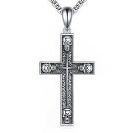 URONE Skull Necklace Sterling Silver Gothic Skull Cross Pendant Necklace Goth Jewellery Gifts for Men