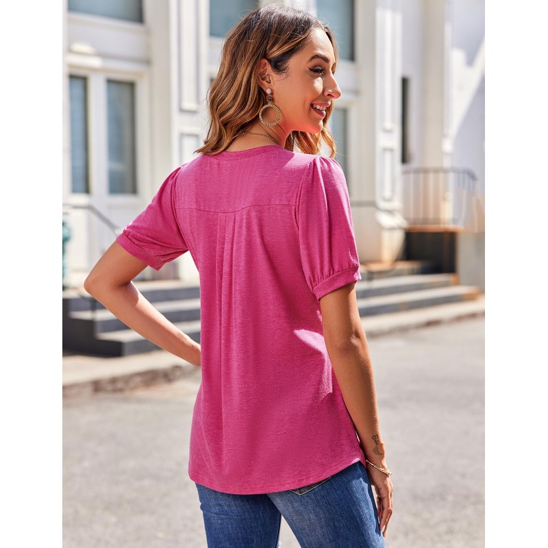 Zeagoo Womens Causal V Neck Puff Short Sleeve Shirts Pleatd