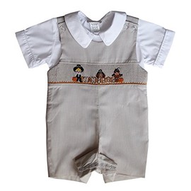 Carouselwear Boys Thanksgiving Shortall with Smocked Turkey Indians and Pilgrims Tan