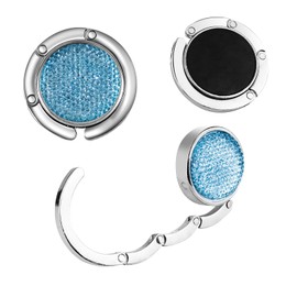 TOUGS 3 Pack Foldable Handbag Hooks, Desk Handbag Hangers, Crystal Diamond Folding Purse Hooks for Table, Pink Blue Purple