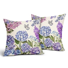 Spring Summer Floral Pillow Covers 18X18 Inch Purple Blue Flowers Bloom Butterfly Decorative Pillow Cases Colorful Throw Pillows Set of 2 Seasonal Farmhouse Home Decor for Sofa Couch Outdoor