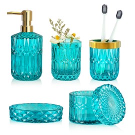LaMarriti Teal Blue Bathroom Accessories Set, 5Pcs Clear Glass Bathroom Accessories, Hand Soap Dispenser Set, Soap Dish, Toothbrush Holder, Tumbler, Qtip Holder for Crystal Vantage Bathroom Decor