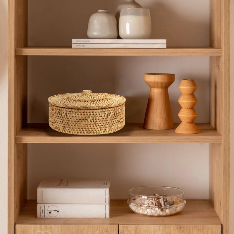 IGNPION Rattan Storage Basket with lid Table Decorative Wicker Storage