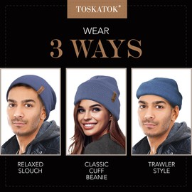 TOSKATOK Unisex Ladies Soft Feel Turn up or Slouch Knit Beanie Hat Warm Winter Woolly Hat-Denim
