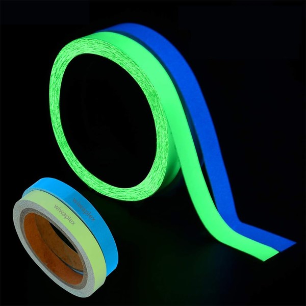 WIWAPLEX 2Pack Glow in The Dark Tape, Green Blue Luminous Tape Sticker 33 feet Length, 0.6Inch or 1.2Inch Width (2Pack 33ft X 0.6Inch)