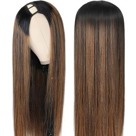 14 Inch Highlight U Part Wigs For Women 200% Density,Upgrade FB30 Color Straight Human Hair Wig With Elastic Drawstring No Sew In No Leave Out No Glue,Rose Net Cap,Ombre Brown Color,Beginner Friendly