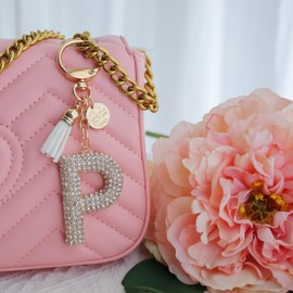Initial Keychain For Women Letter Keychain A-Z Gift For Girl Cute Bling Rhinestone Tassel Key Chains Charm For Bag Backpack (White Gold, P)