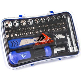 RUNPRO Ratchet Tool Set 47 Pieces Multi-Function Ratchet Screwdriver and Wrench Kit 1/4 Inch Set Box Set Complete with Sockets Short Long and Articulated Extension Bits