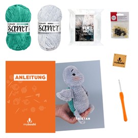 myboshi Tristan Turtle Crochet Set, Advanced Crochet Set, Including Velvet Yarn, Crochet Hook, Filling Wadding, Safety Eyes, Instructions, Label, 100% Polyester, Grey with Crochet Hook