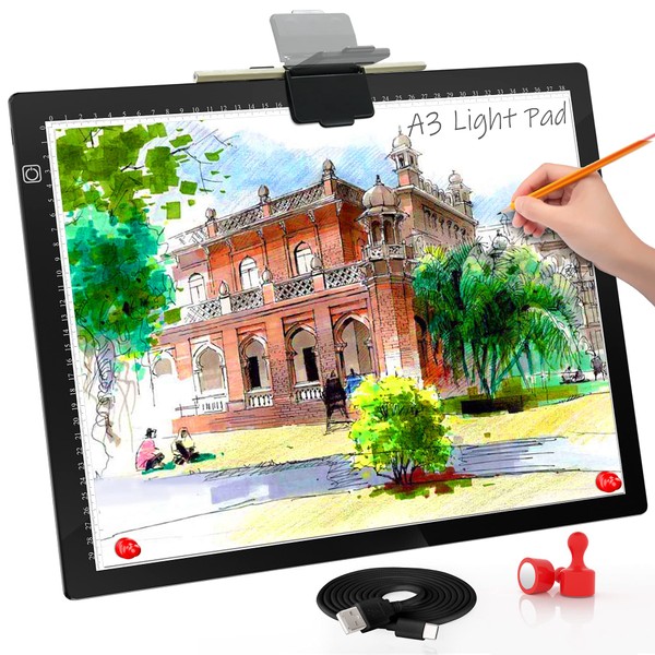 A3 Light Board, Light Pad for Diamond Painting, Comzler 6 Levels&Stepless Dimmable Light Box for Tracing, Ultra-Thin LED Copy Board with Type-C Cable for Weeding Vinyl,Sketching, Animation