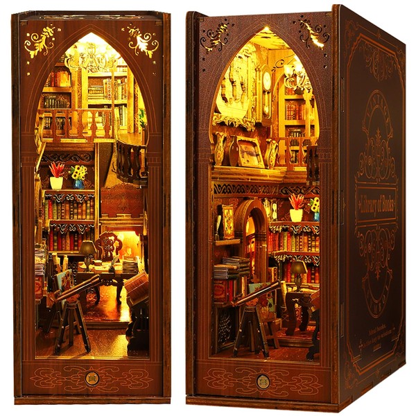Losbenco Book Nook Kit, DIY Dollhouse Booknook Bookshelf Insert Decor Alley, DIY Book Nook Miniature Kit with Lights, 3D Wooden Puzzle Decorative Bookend Miniature Model Kits for Kids/Adults