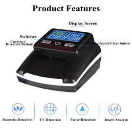 WINB Portable Counterfeit Bill Detector Machine, Automatic 4-Way Direction USD & Euro Value Counting, Swift Counterfeit Money Detector UV/IR/MG for Small Businesses