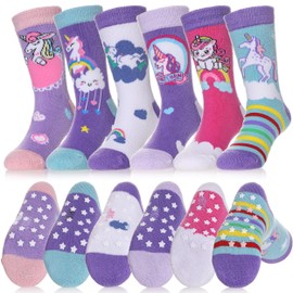 Dosoni Toddler Non Slip Grip Socks Baby Girls Boys Kids Anti Slip Crew Thick Warm Cotton Gift Socks 6 Pairs Unicorn,1-3 Year Old