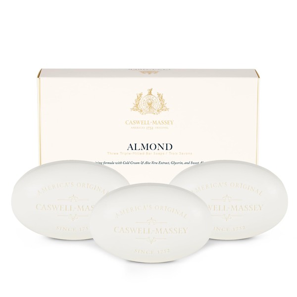 Caswell-Massey Triple Milled Almond Three-Soap Set, Natural Bar Soap for Men & Women, Moisturizing Men’s Luxury Body & Face Soap, 5.8 Oz Soap Bars (3 Soap Set)