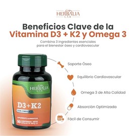 Vitamina D3 + K2 con Omega 3 - Apoyo Óseo, Cardiovascular y Cerebral - Formula Avanzada 90 Cápsulas Herbalia Lab