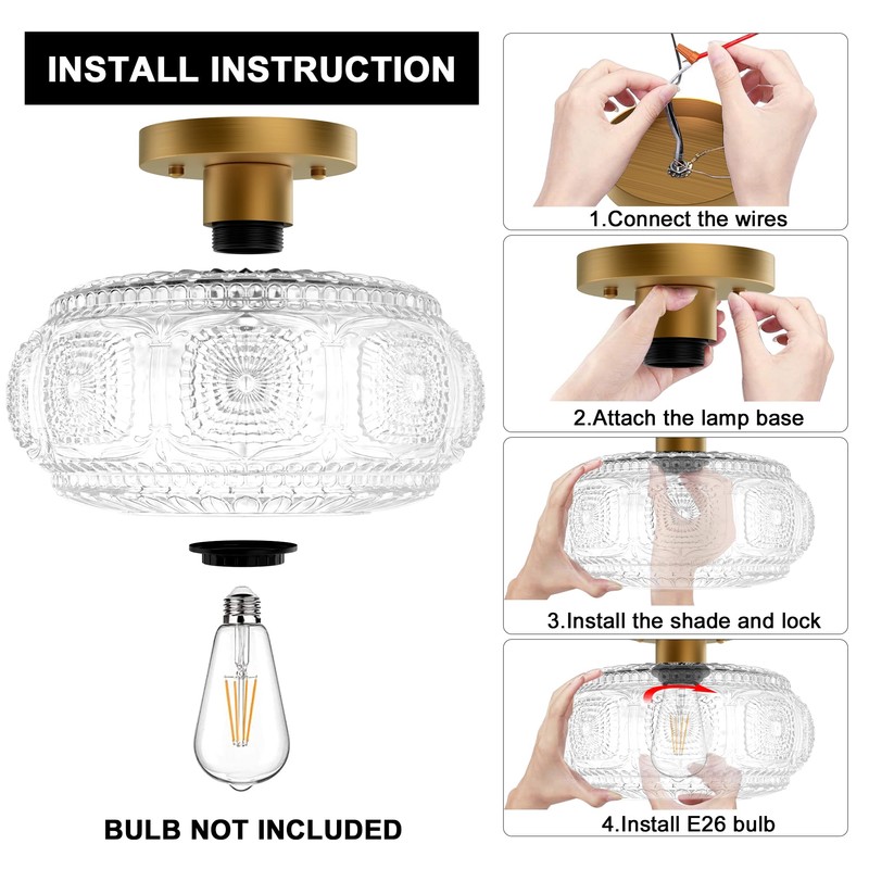 OYKYOHEI Semi Flush Mount Ceiling Light, Upgraded Larger Gold Glass