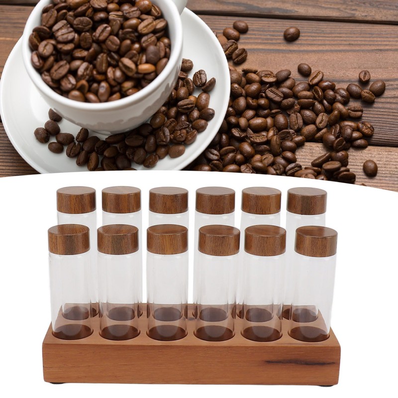 Coffee Bean Storage Tubes with Walnut Wood Stand Lid Glass