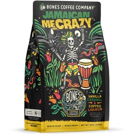 Bones Coffee Company Jamaican Me Crazy Whole Coffee Beans Vanilla Caramel, and Coffee Liqueur Flavor | 12 oz Medium Roast Low Acid Coffee | Flavored Coffee Gifts & Beverages (Whole Bean)