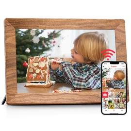 Frameo 10.1Inch Digital Photo Frame with 32GB Memory WiFi Wood Electronic Photo Frame Touch Screen, Auto Rotate, Easy Setup and Share Photos or Videos via Frameo APP