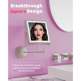 WZKALY Rechargeable Wall Mounted Makeup Mirror with Lights, 4000mAh Double Sided 1X/10X Magnifying Vanity Mirror with 3 Color Lights, Touch Dimmable, 360° Extension Foldable Arm(Brushed Nickel