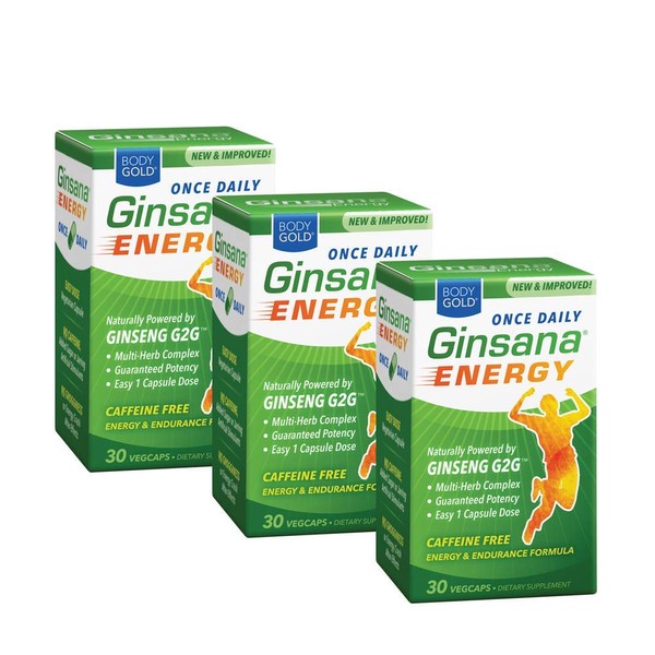 Body Gold Ginsana Energy, Once Daily | Panax Ginseng Extract w/Energizing Herbal Blend for Focus & Endurance | No Caffeine (30 CT, 3pk)