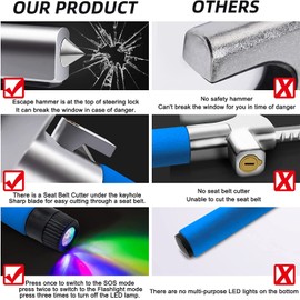 KNFRXO 4-in-1 Steering Wheel Lock with Flashlight/SOS LED Ligth,Seat Belt Cutter,Escape Hammer,2 Keys Retractable Steering Lock,Vehicle Anti-Theft Lock，Universal for Auto/Truck/SUV/Van(Blue)