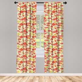 Ambesonne Modern Window Curtains, Teapots and Cup with Polka Dots Lime Orange and Strawberry Fruits Display, Lightweight Decor 2-Panel Set with Rod Pocket, Pair of - 28" x 95", Scarlet Yellow