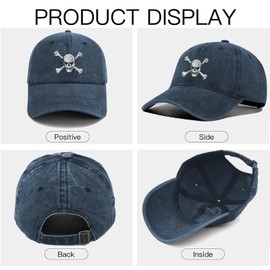 Gaakvrr Skull and Crossbones Baseball Cap for Men Women, Embroidered Skeleton Hat, Funny Adjustable Washed Denim Cotton Skull Hat(Dark Blue)