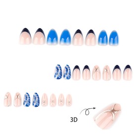 Summer Press on Nails Short Almond,YIHONGYAN Blue Smudge Fake Nails Press ons Nails French Tip Acrylic Nail Kit Glue on Nails Full Cover False Nails with 3D Gilded Design Stick on Women Nails 24 Pcs