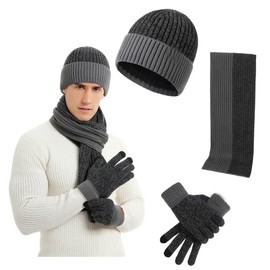 3 Piece Men's Beanie Hat Scarf and Touch Screen Gloves Set Winter Thermal Elastic Thicken Warm Fleece Inner Lining Knit Beanie Cap Winter men's Accessories gifts for men(New grey)