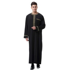 Men's Muslim Clothes Chest Zipper Durable Kaftan Robe Dubai Long Gown Ethnic Clothes,1pc Soft Robe - StlyeA Black