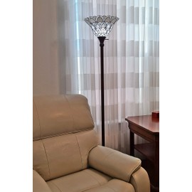 Tiffany Style Torchiere Standing Peacock Floor Lamp 72" Tall Stained Glass Shade White Antique Vintage Light Bedroom Living Room Reading Antique Vintage Gift AM071FL11 Amora Lighting