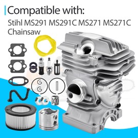 Cylinder Piston Kit Compatible with Stihl MS291 MS291C MS271 MS271C Chainsaw Replace 1141 020 1206, 47mm Big Bore Piston and Cylinder Top End Rebuild Kit (New Version, Round Style Intake)