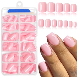 AddFavor Pale Pink Press on Nails Short Square Fake Nails, 240pc Short Nails Press ons 12 Sizes Squoval False Acrylic Nail Stick on Nails for Women