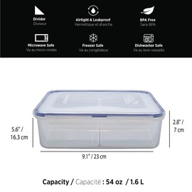 Starfrit LocknLock Plastic Divided Lunch Container - Removable Divider - 54oz/1.6L - Airtight & Leakproof - 4-Sided Locking Lid