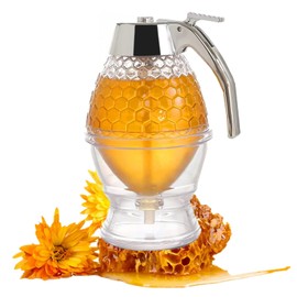 TONGMAN Acrylic Honey Dispenser,Syrup Dispenser, with Stand Honey Container ，Beautiful Honeycomb Honey Jar, Great for Syrup, Sugar, Sauces, Condiments