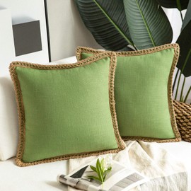 Phantoscope Pack of 2 Christmas Farmhouse Decorative Throw Pillow Covers Burlap Linen Pillow Covers Trimmed Tailored Edges Green 18 x 18 Inches, 45 x 45 cm