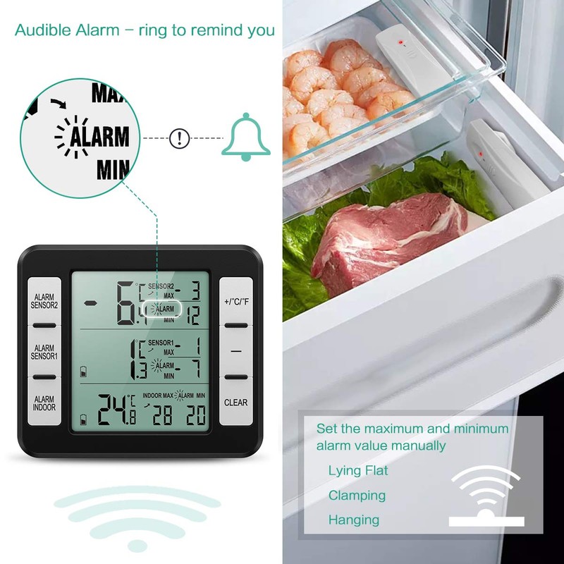 ORIA Refrigerator Thermometer, Wireless Digital Freezer Thermometer with 2 Wireless