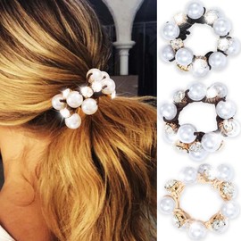 Fashey Pearl Hair Tie Rhinestone Ponytail Holder White Beaded Hair Scrunchies 3 Pcs Stretchy Hair Accessories for Women