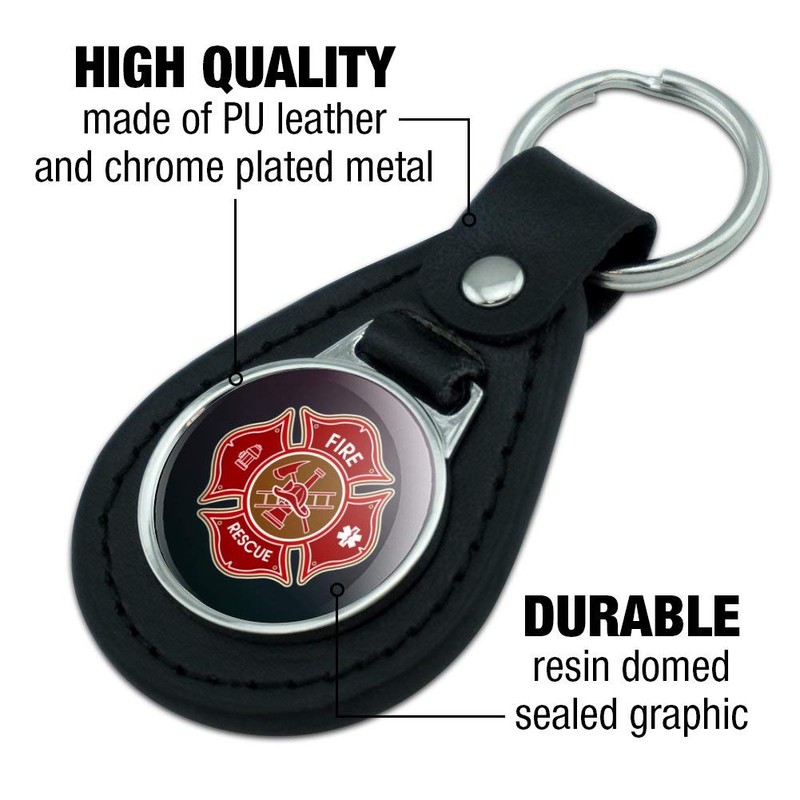 Black Leather Firefighter Fire Rescue Maltese Cross Keychain
