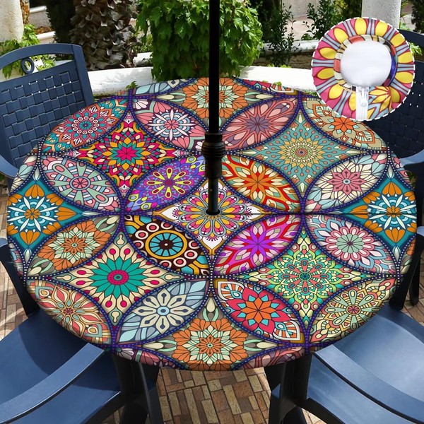 Buwuta Outdoor Tablecloth with Umbrella Hole and Zipper Waterproof Round
