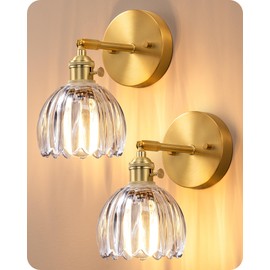 EDISHINE Vintage Wall Sconces Set of Two, Brass Wall Lamp with Transparent Tulip Glass Lampshade 180 Degree Adjustable Wall Lights Hardwired, Bathroom Lighting Fixtures Wall Decor for Bedroom